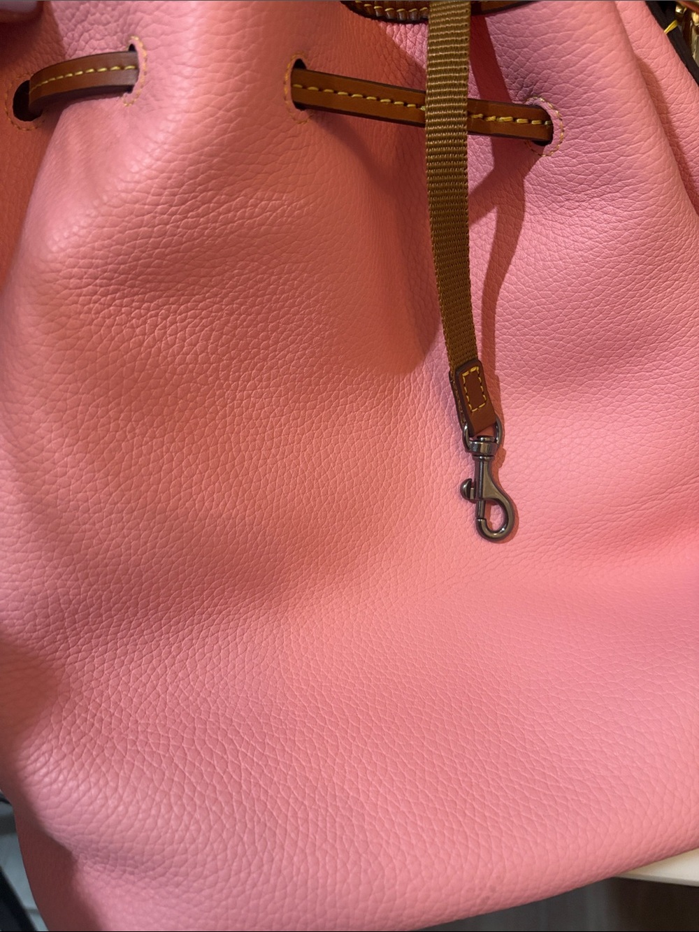 Authentic Dooney & Bourke Pink Pebble Leather Drawstring Bucket Bag with Brown - Picture 3 of 5
